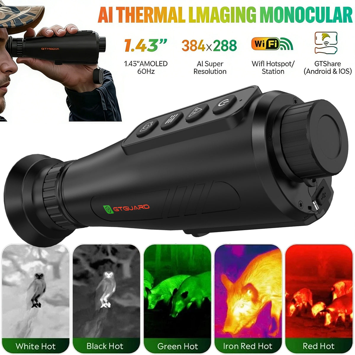 GTGUARD Hawkeye AI15 Thermal Imaging Monocular, 256×192, 50Hz, 15mm Lens